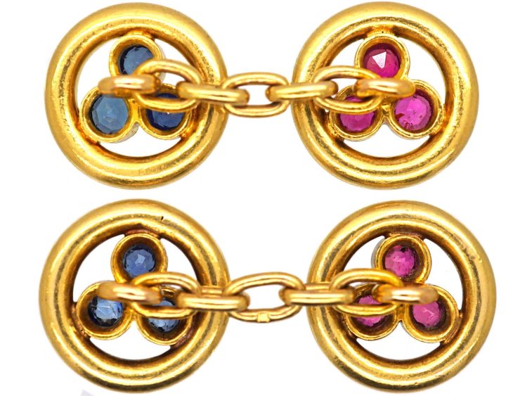 French 18ct Gold Round Cufflinks set with Rubies & Sapphires