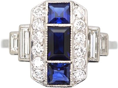 Art Deco 18ct White Gold & Platinum Geometric Ring set with Sapphires & Diamonds