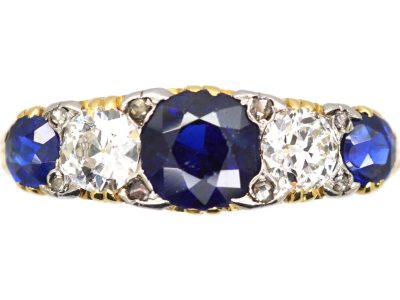 Victorian 18ct Gold Three Stone Sapphire & Diamond Carved Half Hoop Ring