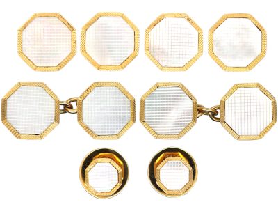 Mid 20th Century 9ct Gold & Mother of Pearl Dress Set in Original Case Retailed by Garrard & Co