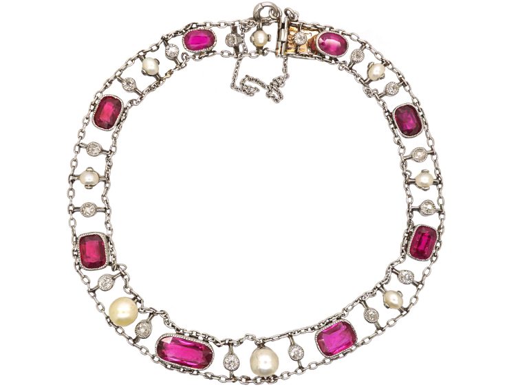 Early 20th Century Platinum Bracelet set with Burma Rubies, Diamonds & Natural Pearls