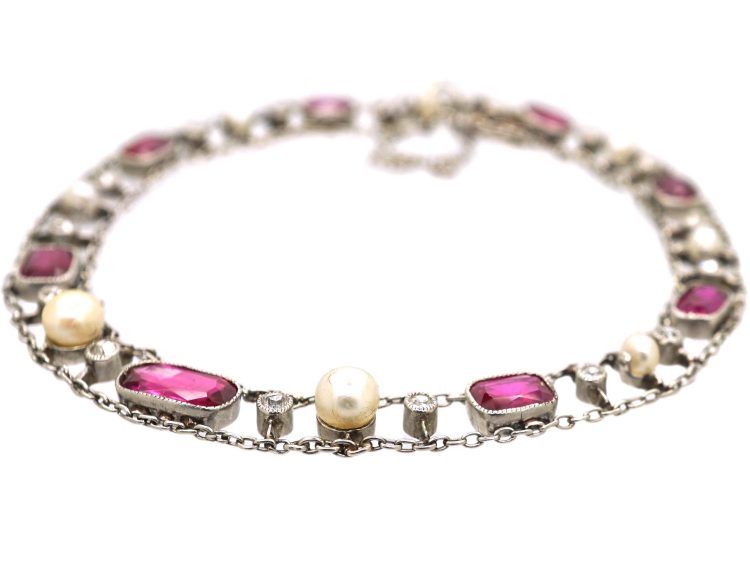 Early 20th Century Platinum Bracelet set with Burma Rubies, Diamonds & Natural Pearls