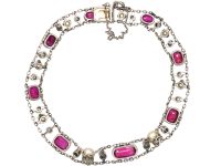 Early 20th Century Platinum Bracelet set with Burma Rubies, Diamonds & Natural Pearls