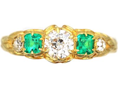Victorian Ornate 18ct Gold Emerald & Old Mine Cut Diamond Ring