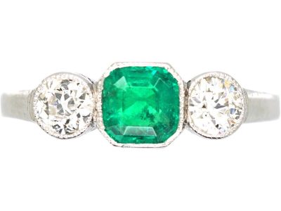 Art Deco Platinum, Emerald & Diamond Three Stone Ring