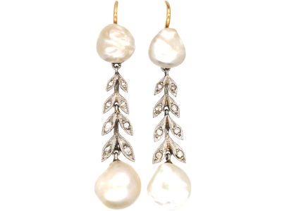 Edwardian 15ct & Platinum, Baroque Pearl & Rose Diamond Drop Earrings