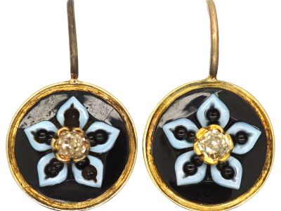 Victorian 15ct Gold Banded Onyx & Diamond Round Earrings