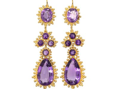 Georgian 15ct Gold Long Drop Earrings set with Amethysts