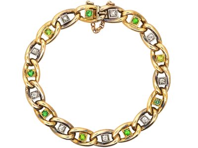 Edwardian 15ct Gold & Platinum Curb Bracelet set with Green Garnets & Diamonds