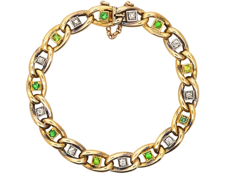 Edwardian 15ct Gold & Platinum Curb Bracelet set with Green Garnets & Diamonds
