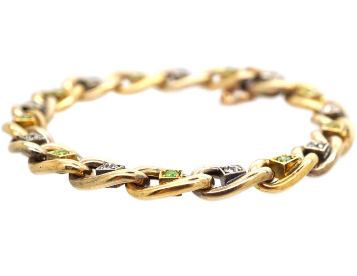 Edwardian 15ct Gold & Platinum Curb Bracelet set with Green Garnets & Diamonds