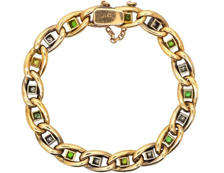 Edwardian 15ct Gold & Platinum Curb Bracelet set with Green Garnets & Diamonds