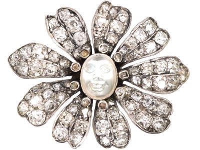 Victorian Silver & Gold Man in the Moon Brooch set with a Moonstone & Diamonds