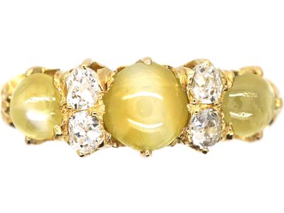 Victorian 18ct Gold Three Stone Chrysoberyl Cat's Eye & Diamond Ring
