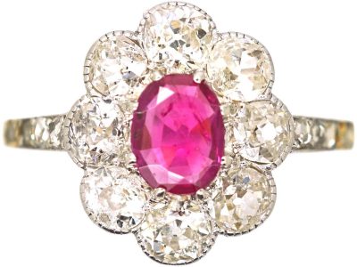 Early 20th Century 18ct Gold & Platinum, Ruby & Diamond Oval Cluster Ring with Rose Diamond Shoulders