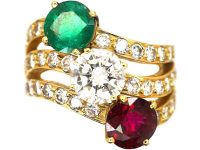 Vintage Large 18ct Gold Twist Ring set with an Emerald, Ruby & Diamonds