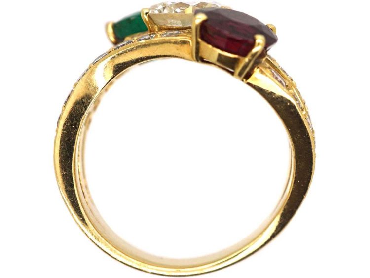 Vintage Large 18ct Gold Twist Ring set with an Emerald, Ruby & Diamonds