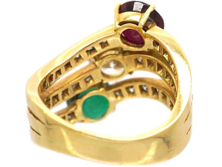 Vintage Large 18ct Gold Twist Ring set with an Emerald, Ruby & Diamonds