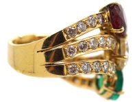 Vintage Large 18ct Gold Twist Ring set with an Emerald, Ruby & Diamonds