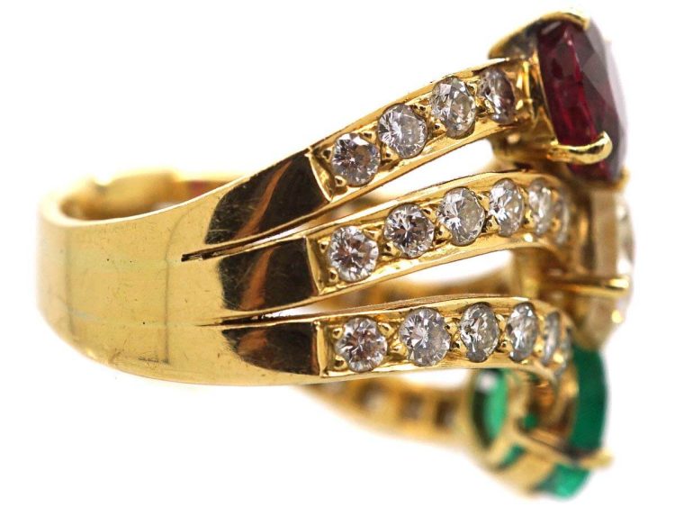 Vintage Large 18ct Gold Twist Ring set with an Emerald, Ruby & Diamonds