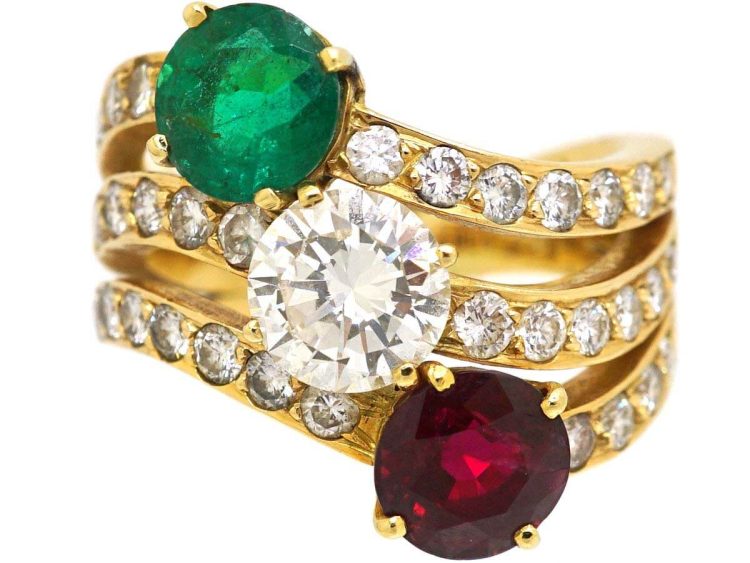 Vintage Large 18ct Gold Twist Ring set with an Emerald, Ruby & Diamonds