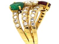 Vintage Large 18ct Gold Twist Ring set with an Emerald, Ruby & Diamonds