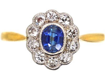 Edwardian 18ct Gold & Platinum Sapphire & Diamond Oval Cluster Ring