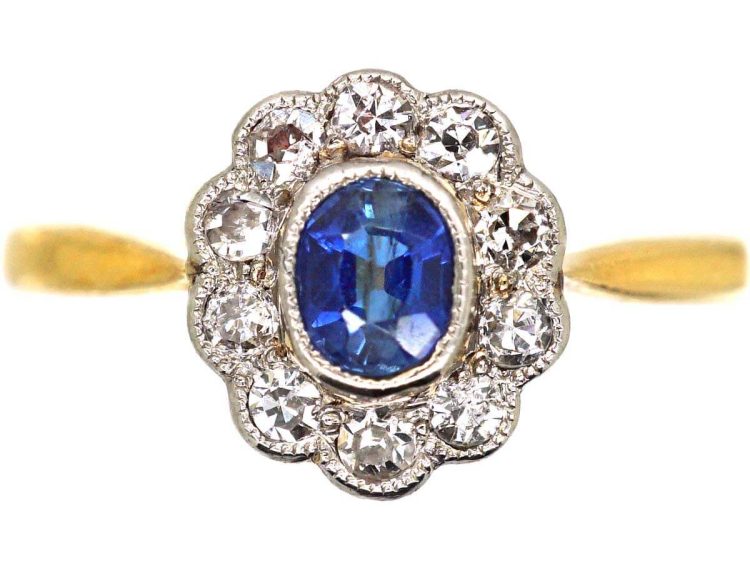 Edwardian 18ct Gold & Platinum Sapphire & Diamond Oval Cluster Ring