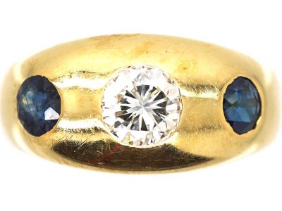 Mid 20th Century 18ct Gold Rub Over Set Sapphire & Diamond Three Stone Ring