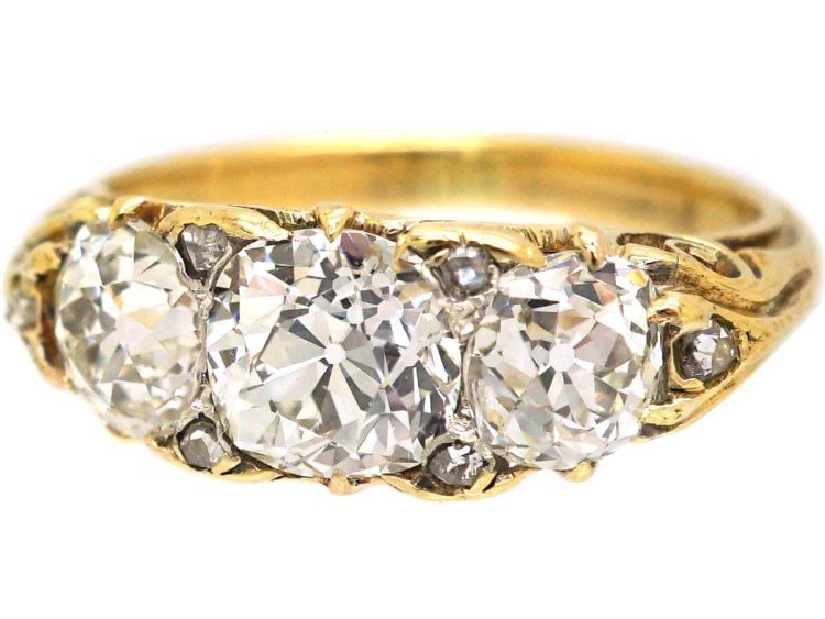 Victorian Three Stone Diamond Carved Half Hoop Ring