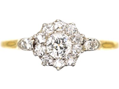 Edwardian 18ct Gold & Platinum Diamond Cluster Ring with Diamond set Shoulders