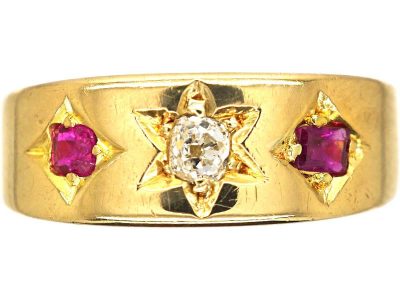 Victorian 18ct Gold Three Stone Ruby & Diamond Gypsy Ring