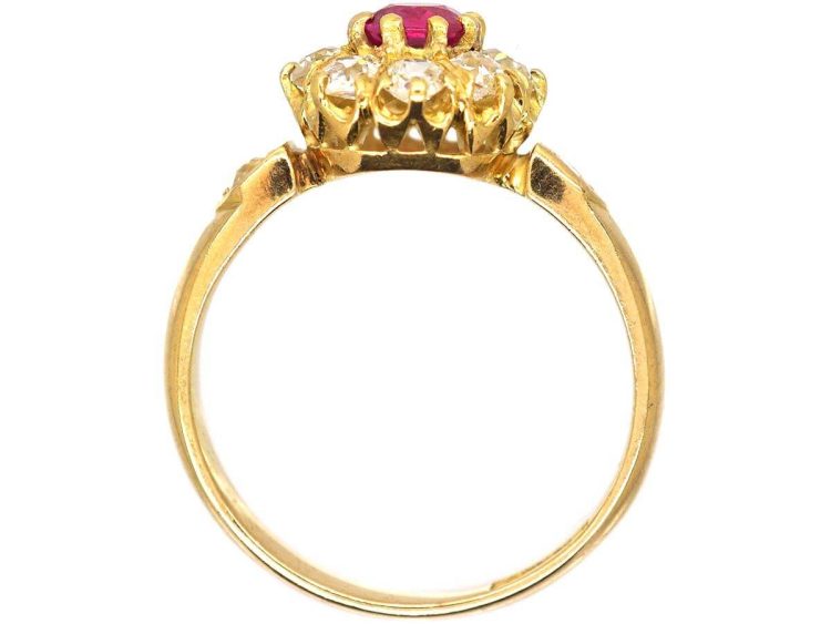 Edwardian 18ct Gold Ruby & Diamond Cluster Ring with Diamond Shoulders