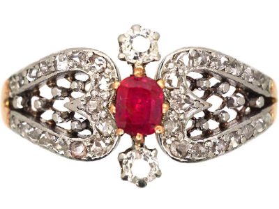 Early 20th Century 14ct Gold Ornate Ruby & Diamond Heart Shaped Ring