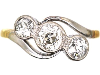 Edwardian 18ct Gold & Platinum Three Stone Diamond Crossover Ring