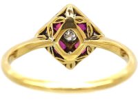 Art Deco 18ct Gold & Platinum Diamond Shaped Ring set with Rubies & Diamonds