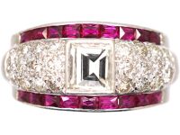 Art Deco Irridium & Platinum Rectangular Flat Cut Diamond & French Cut Ruby Ring