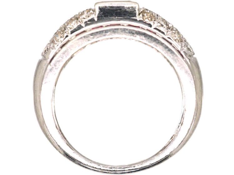 Art Deco Irridium & Platinum Rectangular Flat Cut Diamond & French Cut Ruby Ring