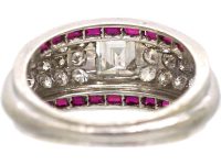 Art Deco Irridium & Platinum Rectangular Flat Cut Diamond & French Cut Ruby Ring