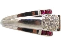 Art Deco Irridium & Platinum Rectangular Flat Cut Diamond & French Cut Ruby Ring