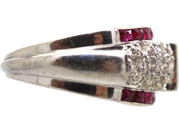 Art Deco Irridium & Platinum Rectangular Flat Cut Diamond & French Cut Ruby Ring
