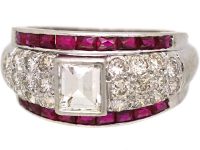 Art Deco Irridium & Platinum Rectangular Flat Cut Diamond & French Cut Ruby Ring
