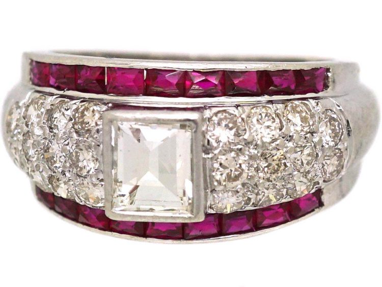 Art Deco Irridium & Platinum Rectangular Flat Cut Diamond & French Cut Ruby Ring