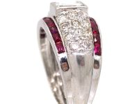 Art Deco Irridium & Platinum Rectangular Flat Cut Diamond & French Cut Ruby Ring