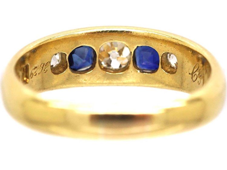 Victorian 18ct Gold Boat Shaped Ring set with Diamonds & Sapphires