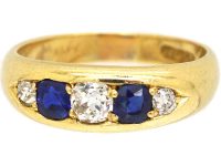 Victorian 18ct Gold Boat Shaped Ring set with Diamonds & Sapphires