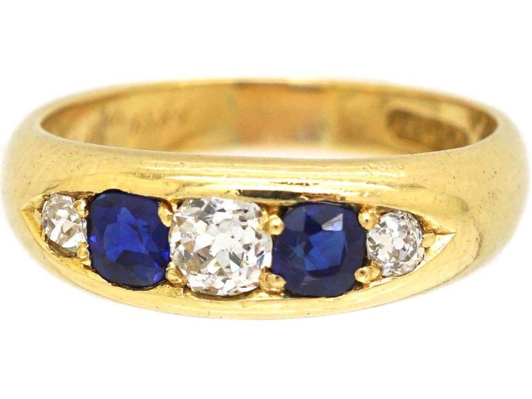 Victorian 18ct Gold Boat Shaped Ring set with Diamonds & Sapphires