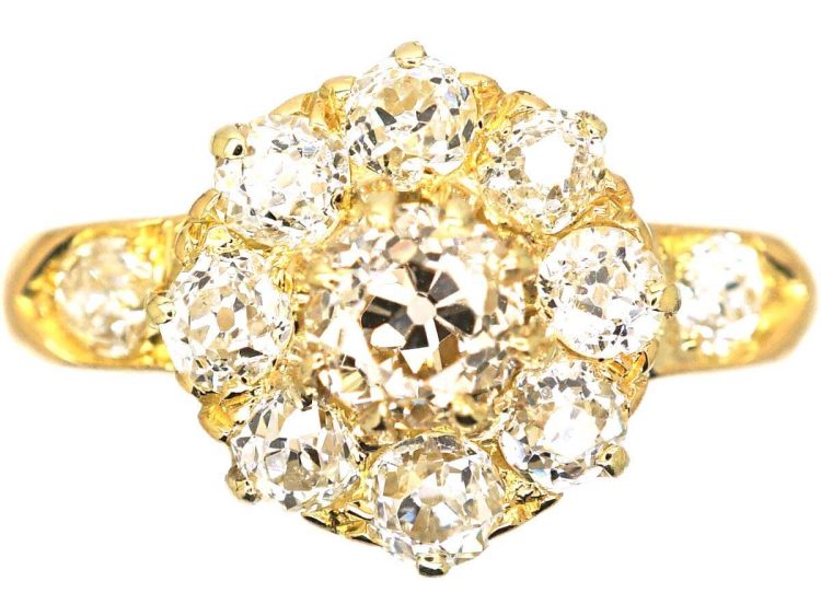 Edwardian 18ct Gold Diamond Cluster Ring with Diamond set Shoulders