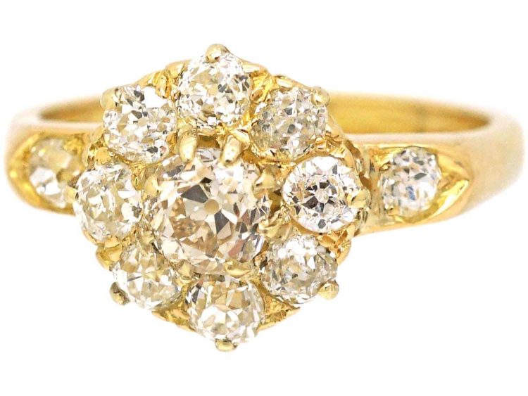 Edwardian 18ct Gold Diamond Cluster Ring with Diamond set Shoulders