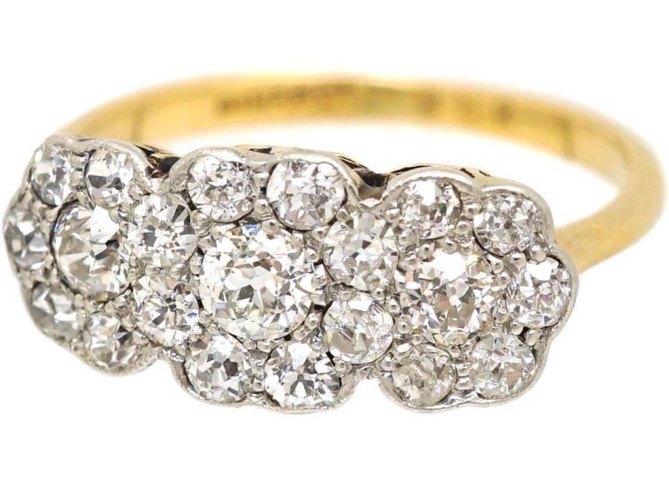 Edwardian 18ct & Platinum Triple Pansy Cluster Ring set with Diamonds
